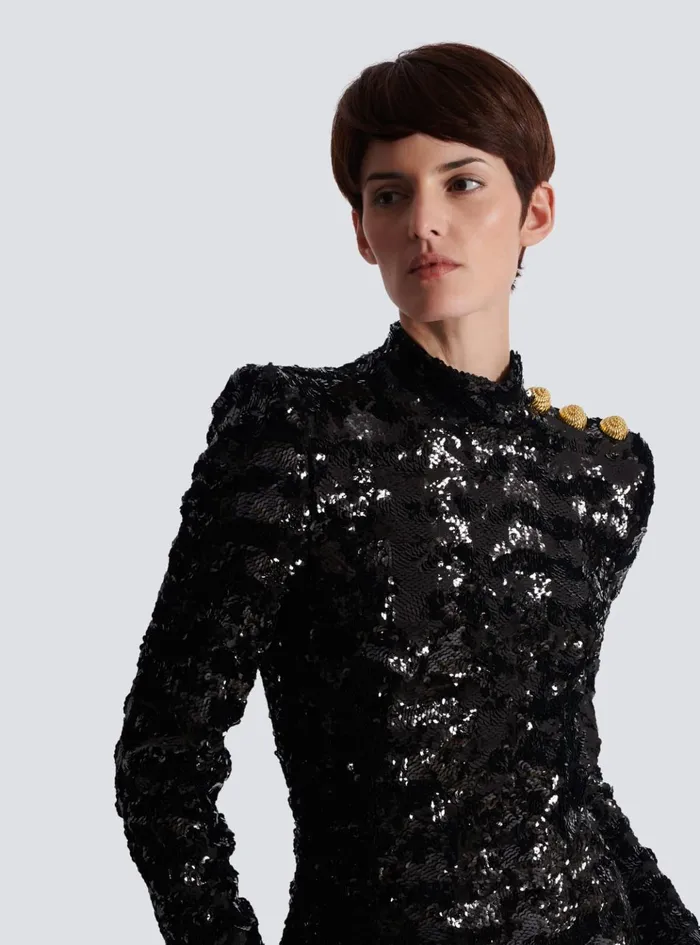Long Sequin Dress Black Women Balmain Dresses