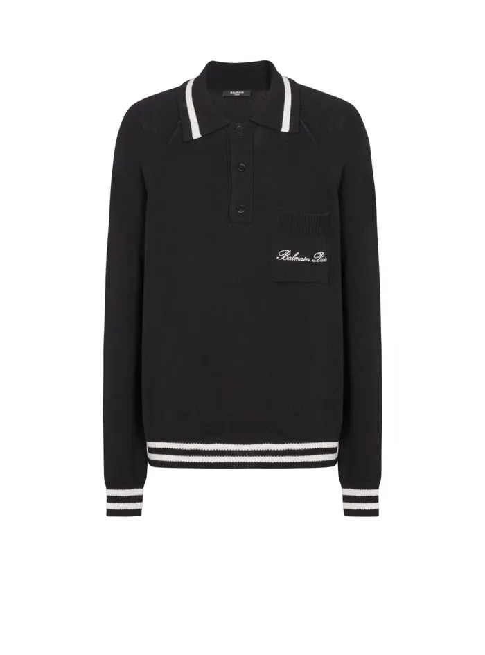 Longsleeved Wool Polo Shirt With Embroidery Black Men Balmain Knitwear