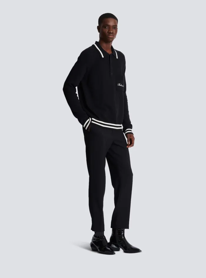 Longsleeved Wool Polo Shirt With Embroidery Black Men Balmain Knitwear
