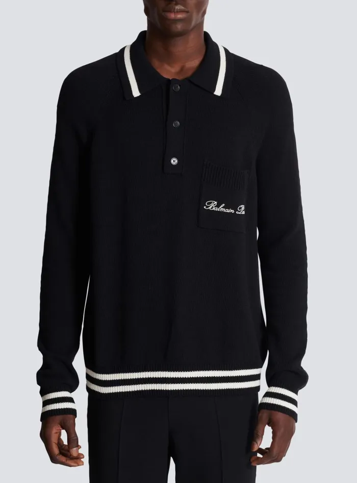 Longsleeved Wool Polo Shirt With Embroidery Black Men Balmain Knitwear