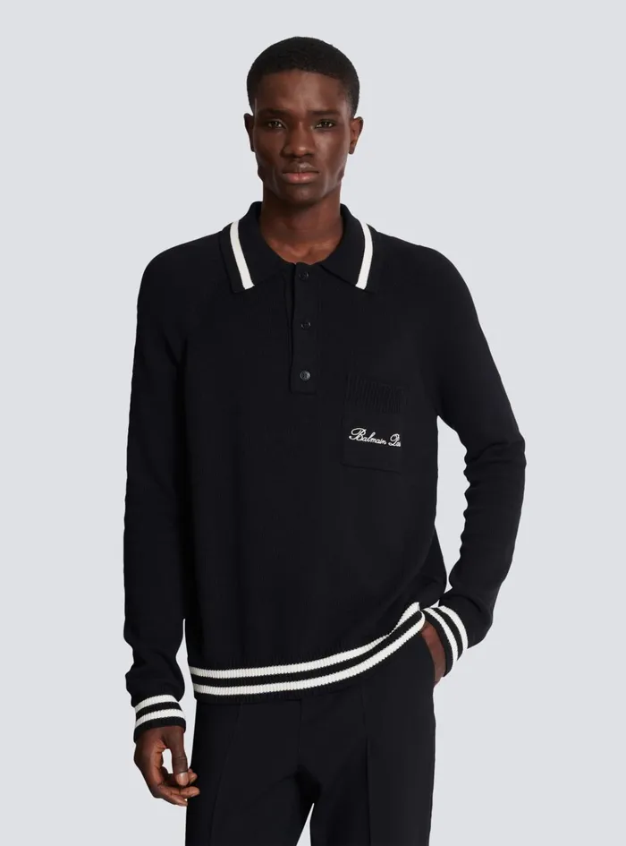 Longsleeved Wool Polo Shirt With Embroidery Black Men Balmain Knitwear