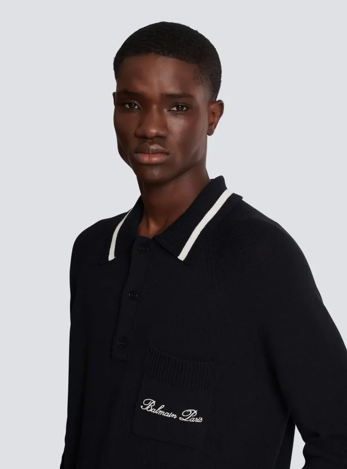 Longsleeved Wool Polo Shirt With Embroidery Black Men Balmain Knitwear