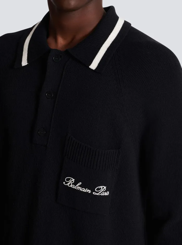 Longsleeved Wool Polo Shirt With Embroidery Black Men Balmain Knitwear