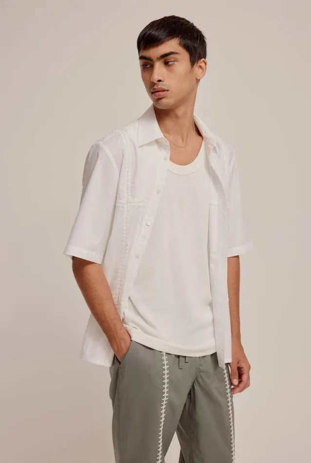 Man Venroy Shirts Panelled Crochet Stitch Mid Sleeve Shirt