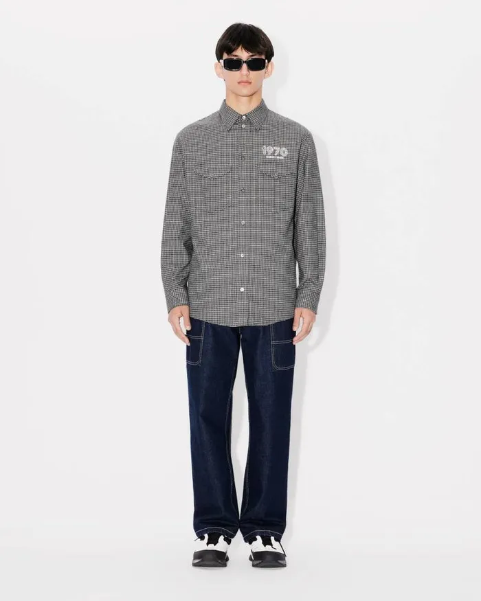Men 039KENZO Archive 1970039 Embroidered Military Shirt Stone Grey Kenzo Shirts