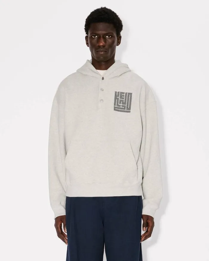 Men 039KENZO Kamon039 Embroidered Buttoned Hoodie Pale Grey Kenzo Sweatshirts And Hoodies