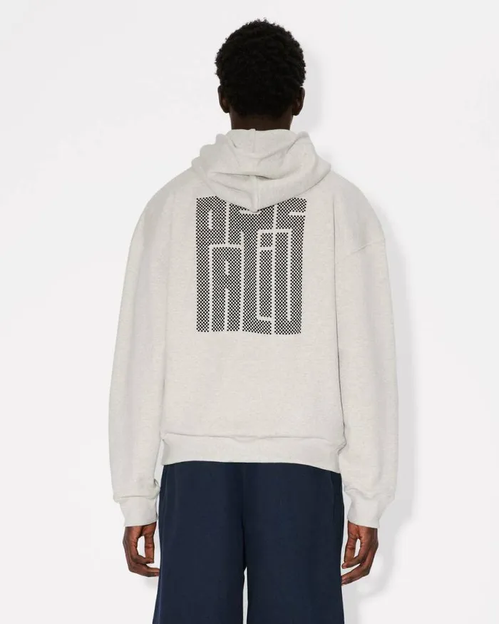 Men 039KENZO Kamon039 Embroidered Buttoned Hoodie Pale Grey Kenzo Sweatshirts And Hoodies