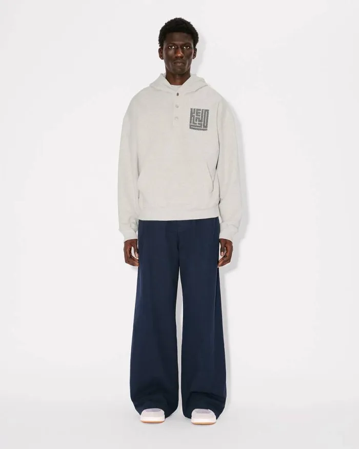 Men 039KENZO Kamon039 Embroidered Buttoned Hoodie Pale Grey Kenzo Sweatshirts And Hoodies