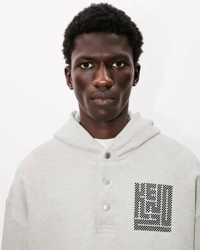 Men 039KENZO Kamon039 Embroidered Buttoned Hoodie Pale Grey Kenzo Sweatshirts And Hoodies