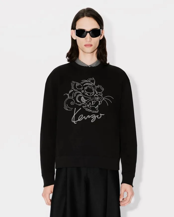 Men 039KENZO Star Tiger039 Embroidered Sweatshirt In Cotton Black Kenzo Sweatshirts And Hoodies