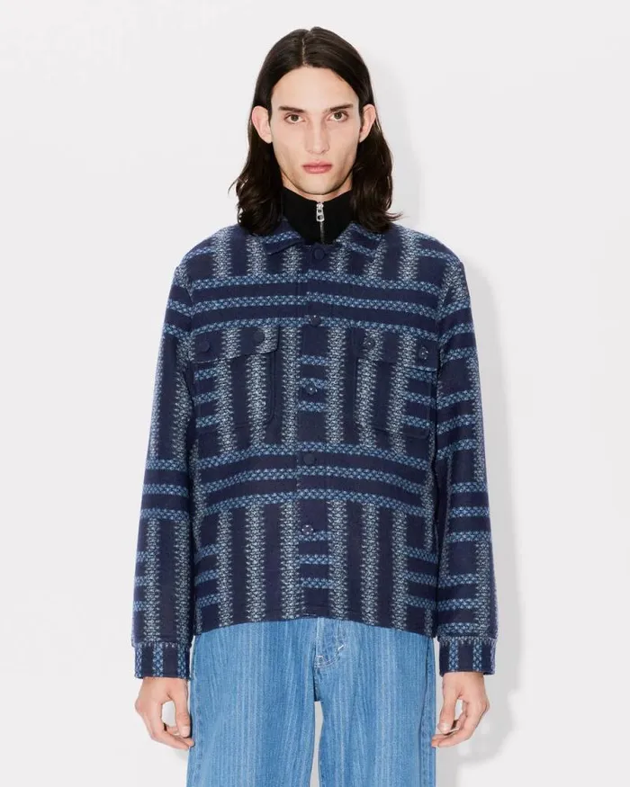 Men 039KENZO Weave039 Overshirt In Virgin Wool Midnight Blue Kenzo Shirts