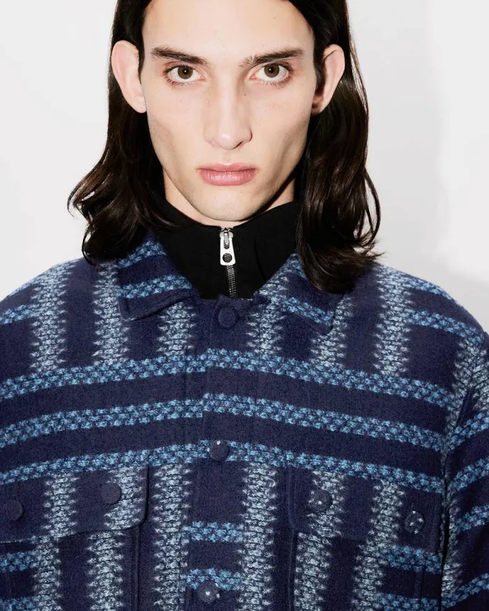 Men 039KENZO Weave039 Overshirt In Virgin Wool Midnight Blue Kenzo Shirts