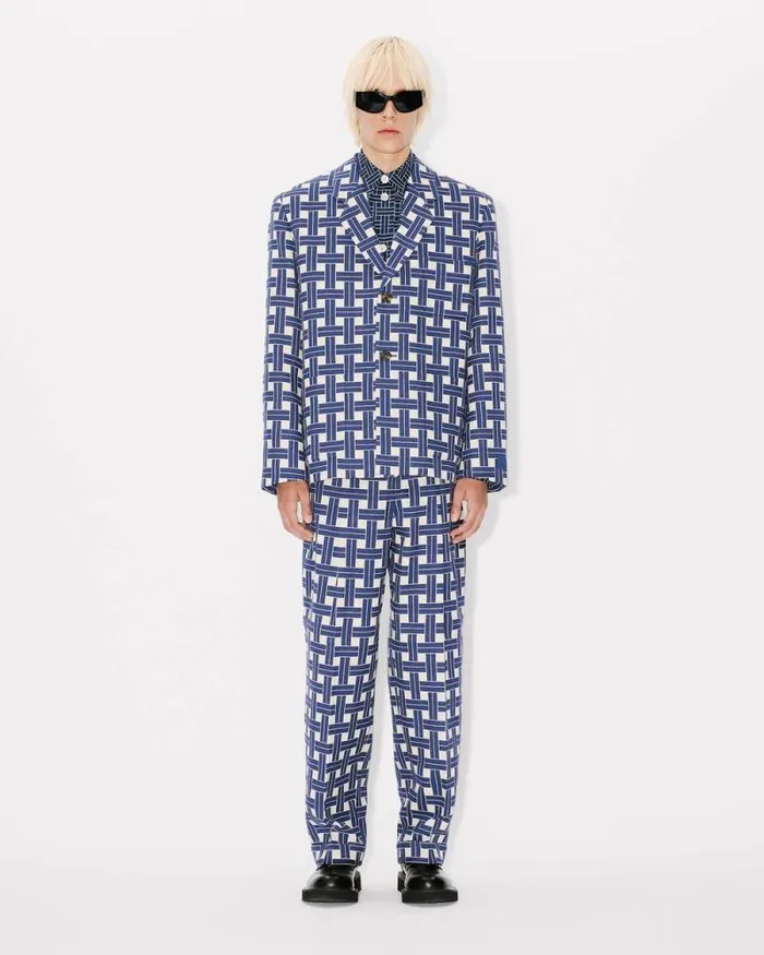 Men 039KENZO Weave039 Straight Pleated Tailored Pants Midnight Blue Kenzo Pants And Shorts