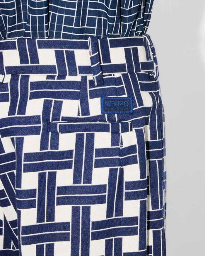Men 039KENZO Weave039 Straight Pleated Tailored Pants Midnight Blue Kenzo Pants And Shorts
