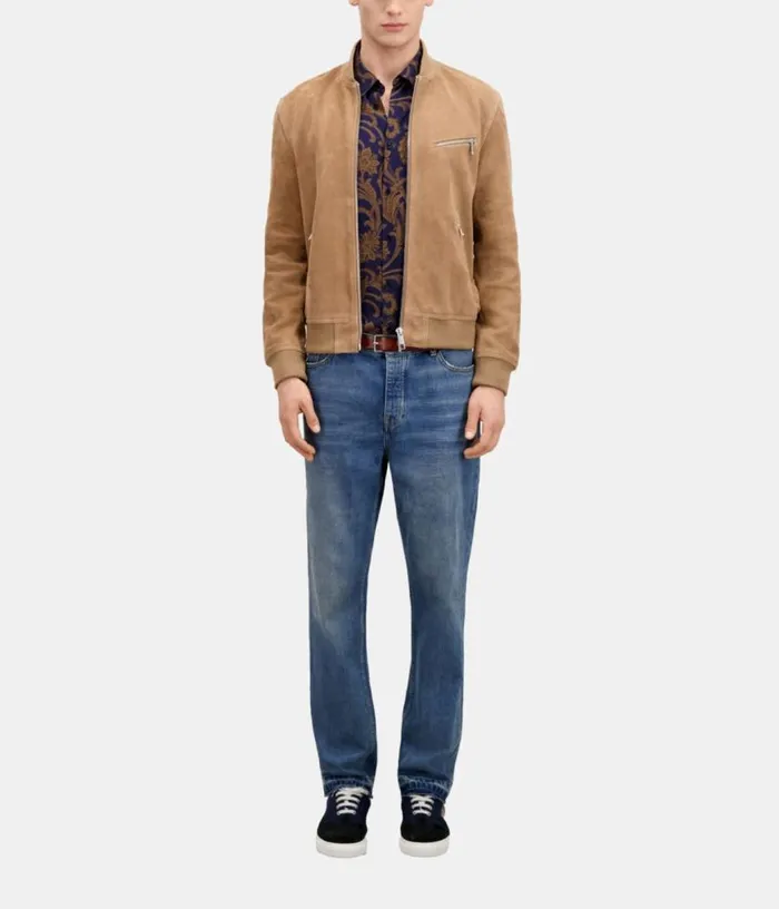 Men Beige Suede Leather Jacket THE KOOPLES Coats and Jackets