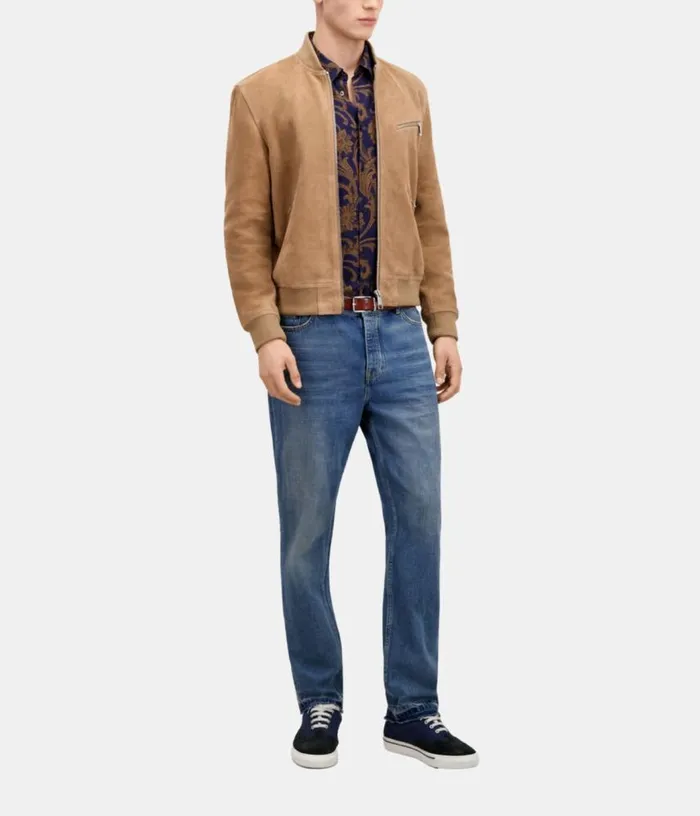 Men Beige Suede Leather Jacket THE KOOPLES Coats and Jackets