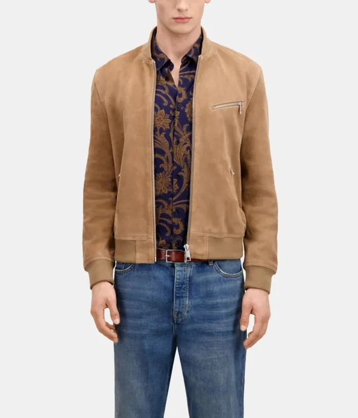 Men Beige Suede Leather Jacket THE KOOPLES Coats and Jackets
