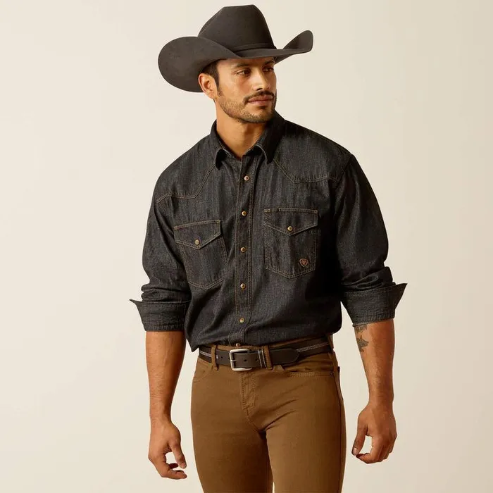 Men Button Down Shirts Ariat Denim Shirt Black Rinse
