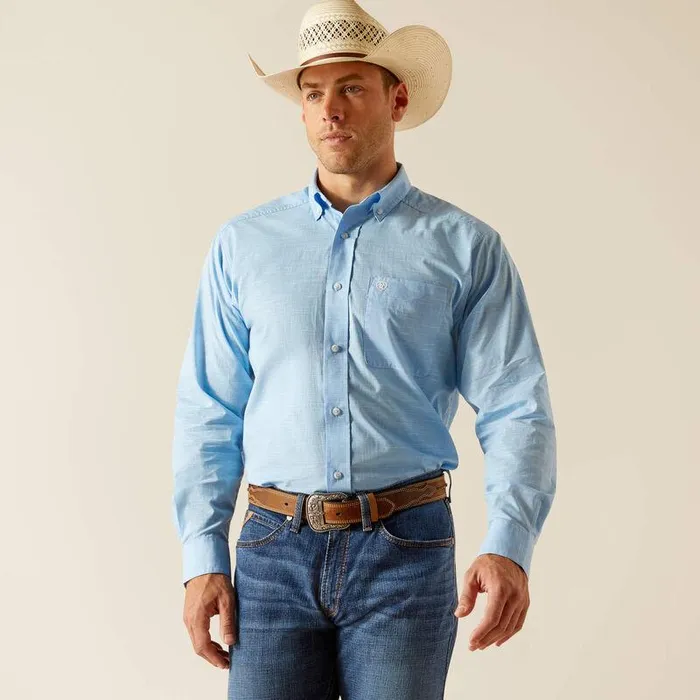 Men Button Down Shirts Ariat Solid Slub Classic Fit Shirt Coast Azure Blue