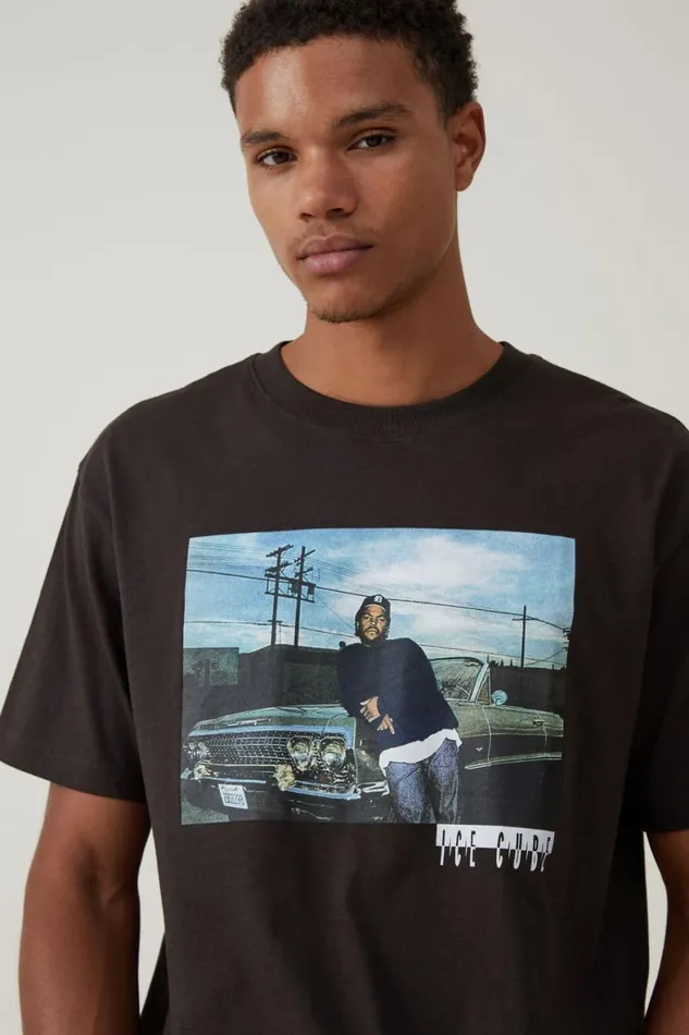 Men Graphic TShirts Cotton On Loose Fit Music TShirt Lcn Mt Washed Blackice Cubecar Lean