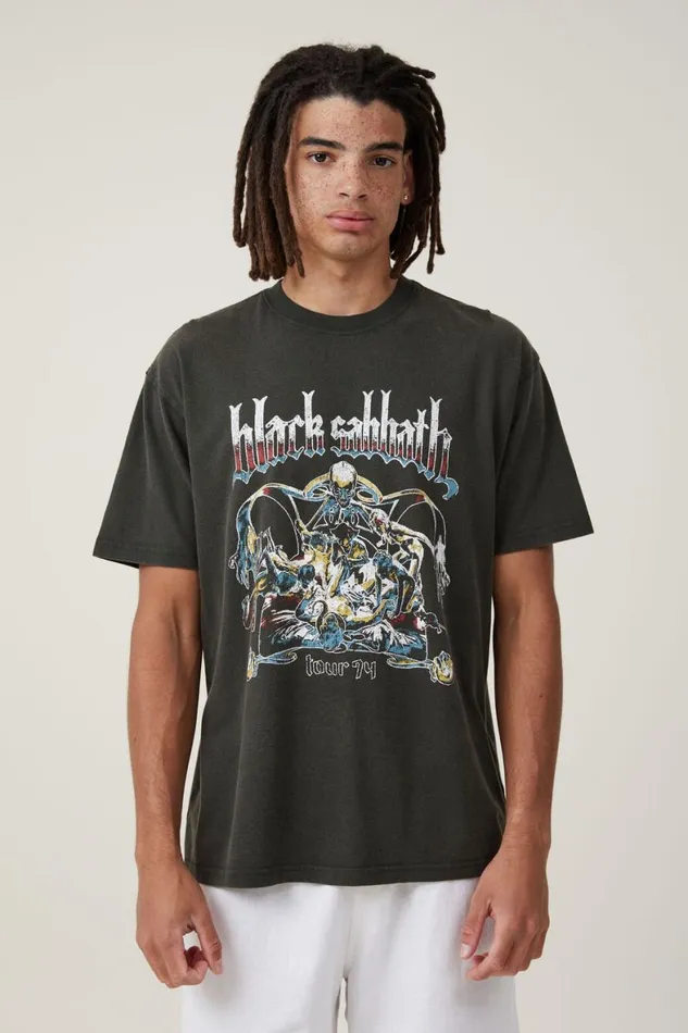 Men Graphic TShirts Cotton On Premium Loose Fit Music TShirt Lcn Bra Washed Blackblack Sabbath74