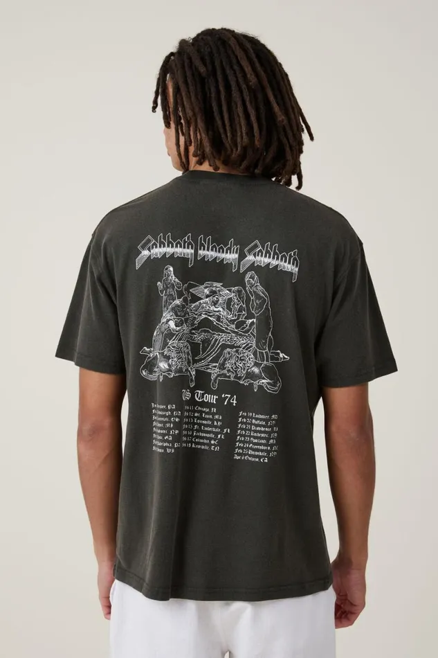 Men Graphic TShirts Cotton On Premium Loose Fit Music TShirt Lcn Bra Washed Blackblack Sabbath74