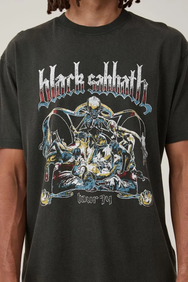 Men Graphic TShirts Cotton On Premium Loose Fit Music TShirt Lcn Bra Washed Blackblack Sabbath74