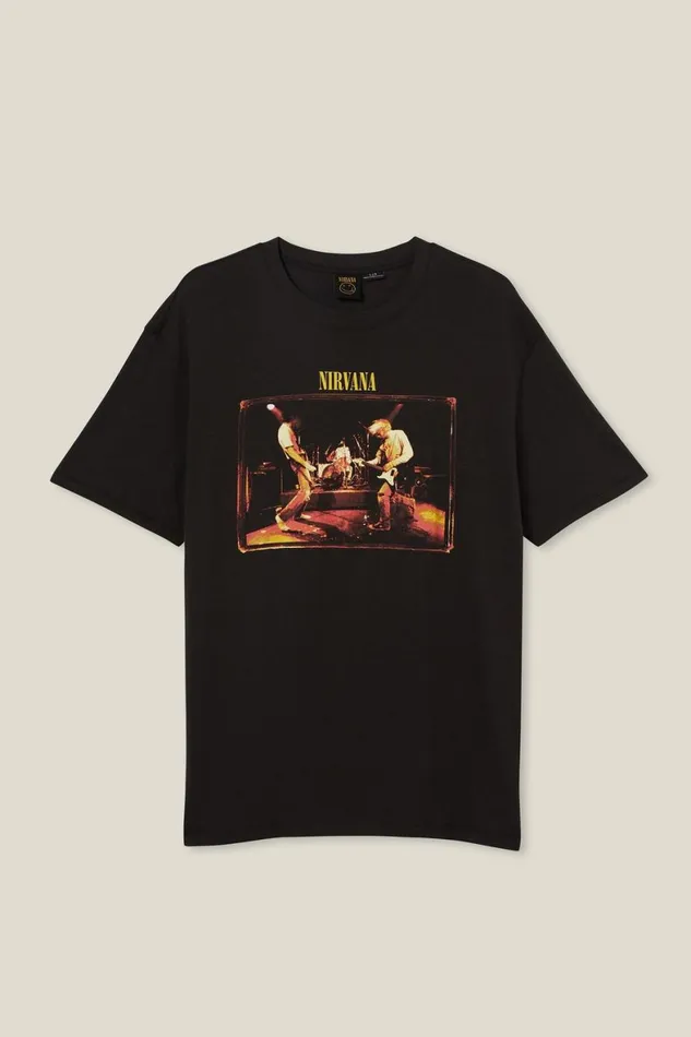 Men Graphic TShirts Cotton On Premium Loose Fit Music TShirt Lcn Mt Washed Blacknirvanamuddy Banks