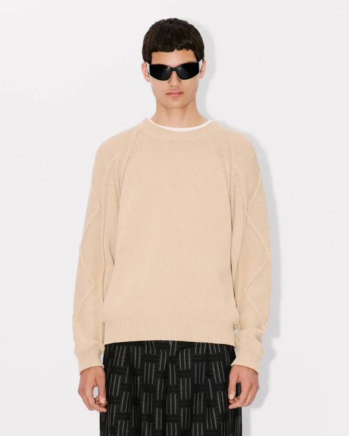 Men Handembroidered Cable Jumper Beige Kenzo Sweaters And Cardigans