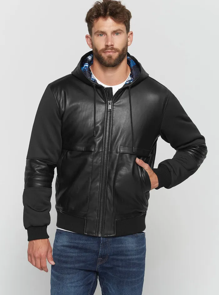 Men Jackets GUESS Black Downtown Faux Leather Bomber Jacket