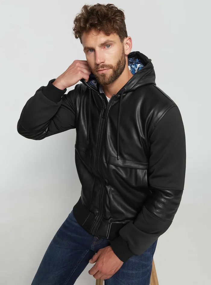 Men Jackets GUESS Black Downtown Faux Leather Bomber Jacket