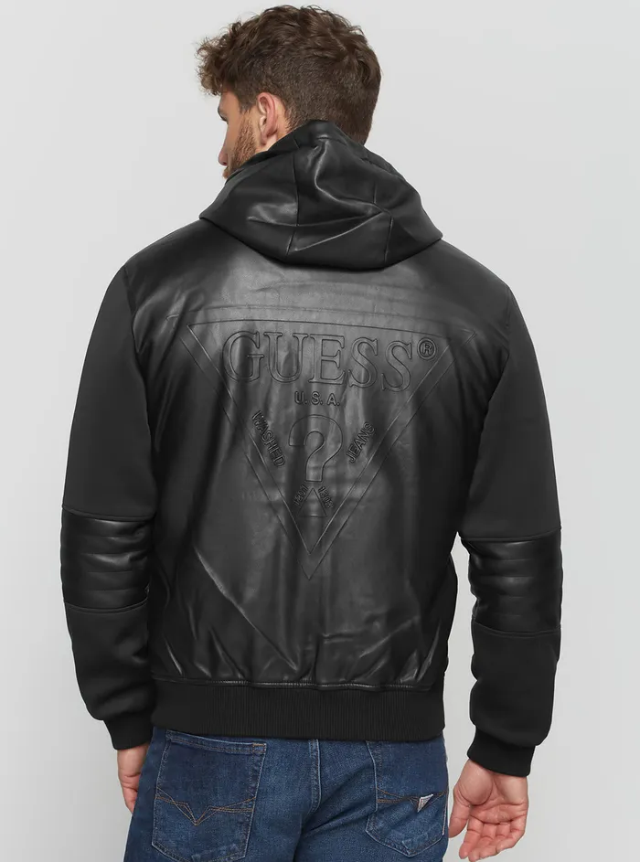 Men Jackets GUESS Black Downtown Faux Leather Bomber Jacket