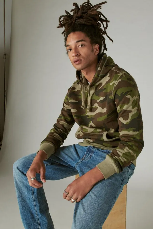 Men Lucky Brand Activewear Cloud Soft Fleece Camo Hoodie Camo army Colors