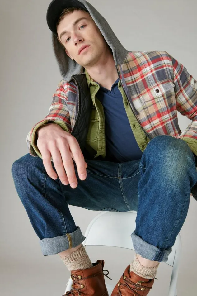 Men Lucky Brand ButtonDowns Fleece Hood Long Sleeve Over Shirt Multi Plaid