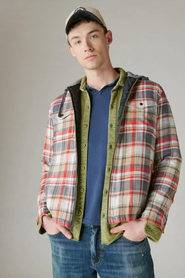 Men Lucky Brand ButtonDowns Fleece Hood Long Sleeve Over Shirt Multi Plaid