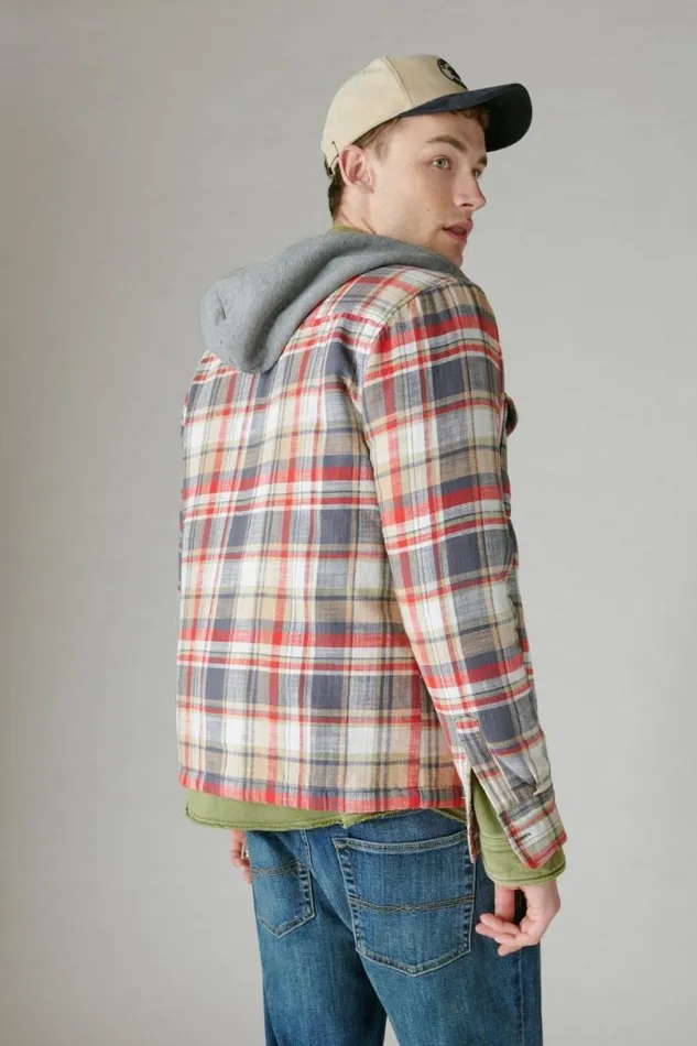Men Lucky Brand ButtonDowns Fleece Hood Long Sleeve Over Shirt Multi Plaid