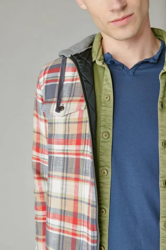 Men Lucky Brand ButtonDowns Fleece Hood Long Sleeve Over Shirt Multi Plaid
