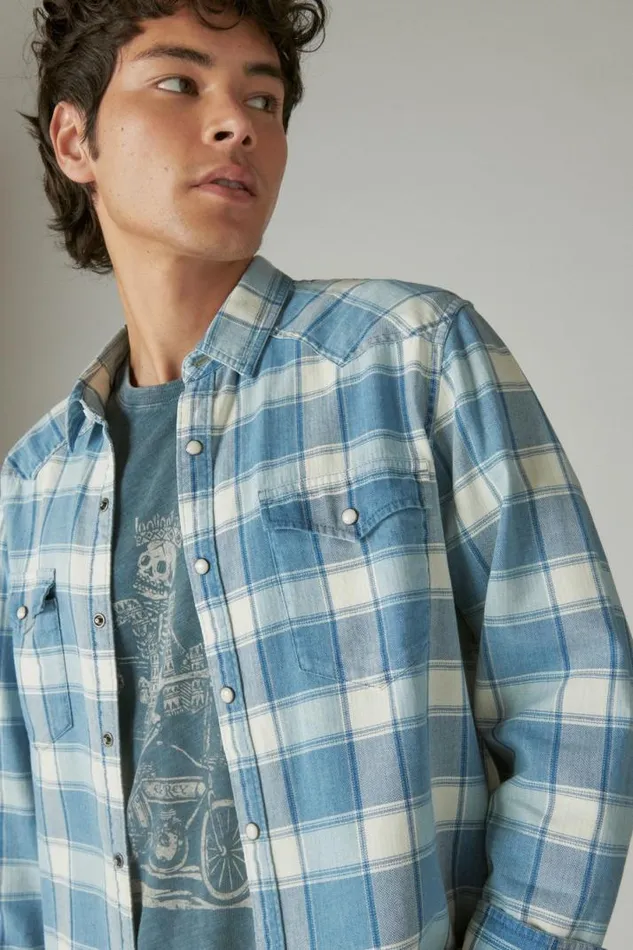 Men Lucky Brand ButtonDowns Indigo Plaid Western Long Sleeve Shirt Indigo Plaid