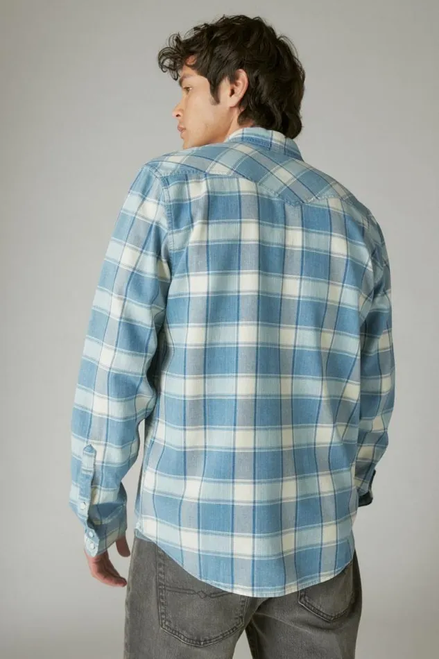 Men Lucky Brand ButtonDowns Indigo Plaid Western Long Sleeve Shirt Indigo Plaid
