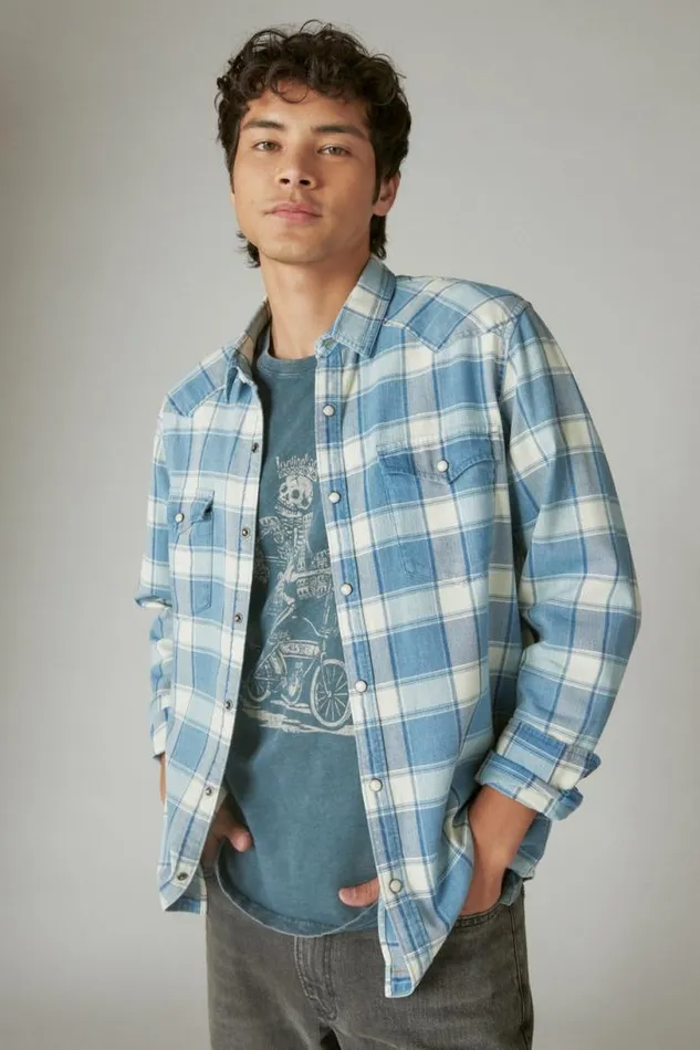 Men Lucky Brand ButtonDowns Indigo Plaid Western Long Sleeve Shirt Indigo Plaid