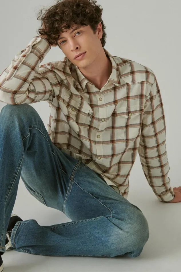 Men Lucky Brand ButtonDowns Plaid Western Long Sleeve Shirt Natural Multi Plaid