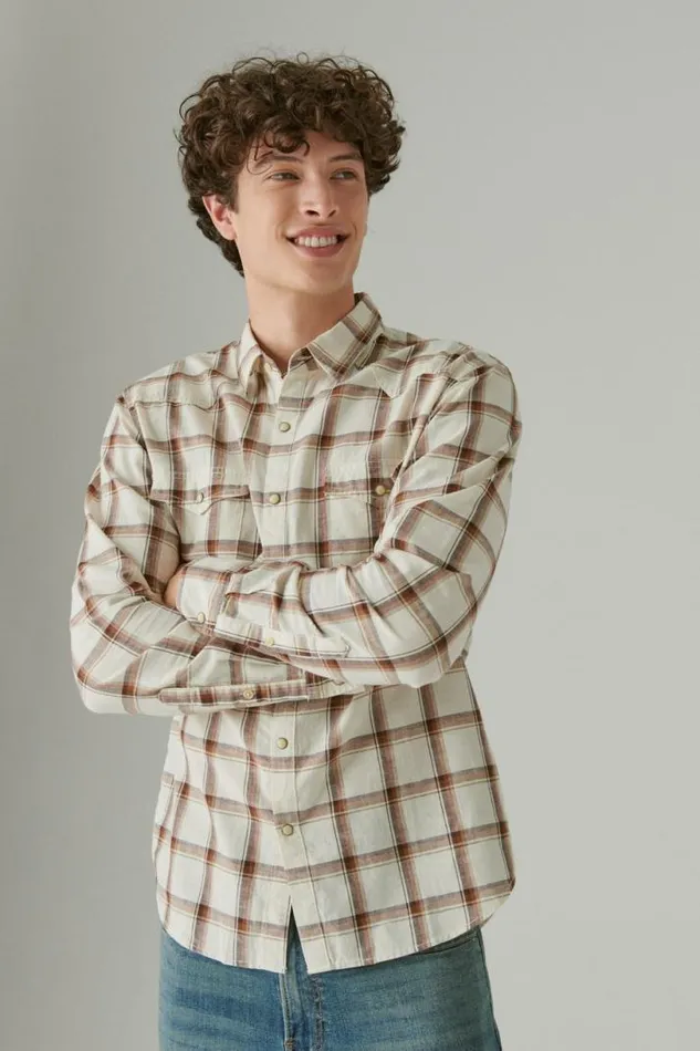 Men Lucky Brand ButtonDowns Plaid Western Long Sleeve Shirt Natural Multi Plaid