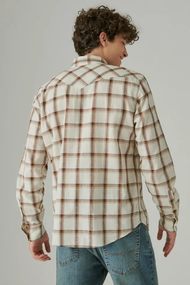 Men Lucky Brand ButtonDowns Plaid Western Long Sleeve Shirt Natural Multi Plaid
