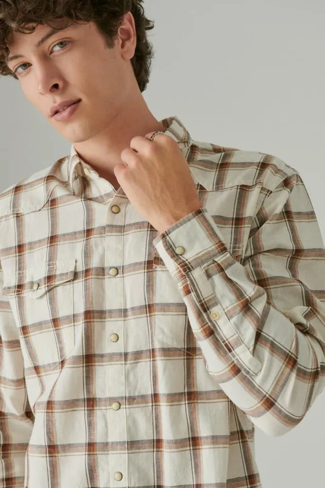 Men Lucky Brand ButtonDowns Plaid Western Long Sleeve Shirt Natural Multi Plaid