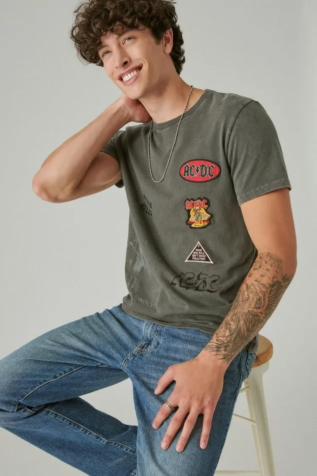 Men Lucky Brand Graphic Tees Acdc Patch Raven