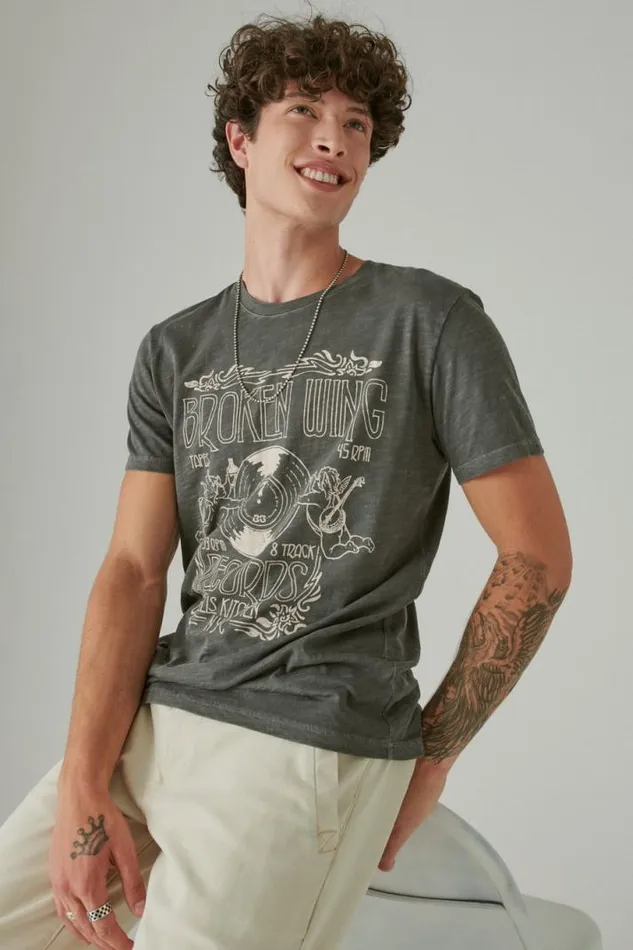 Men Lucky Brand Graphic Tees Broken Wings Records Tee Raven