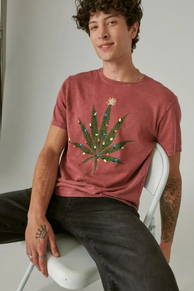 Men Lucky Brand Graphic Tees Holiday Pot Leaf Biking Red