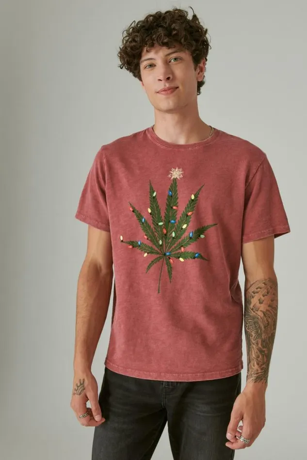 Men Lucky Brand Graphic Tees Holiday Pot Leaf Biking Red