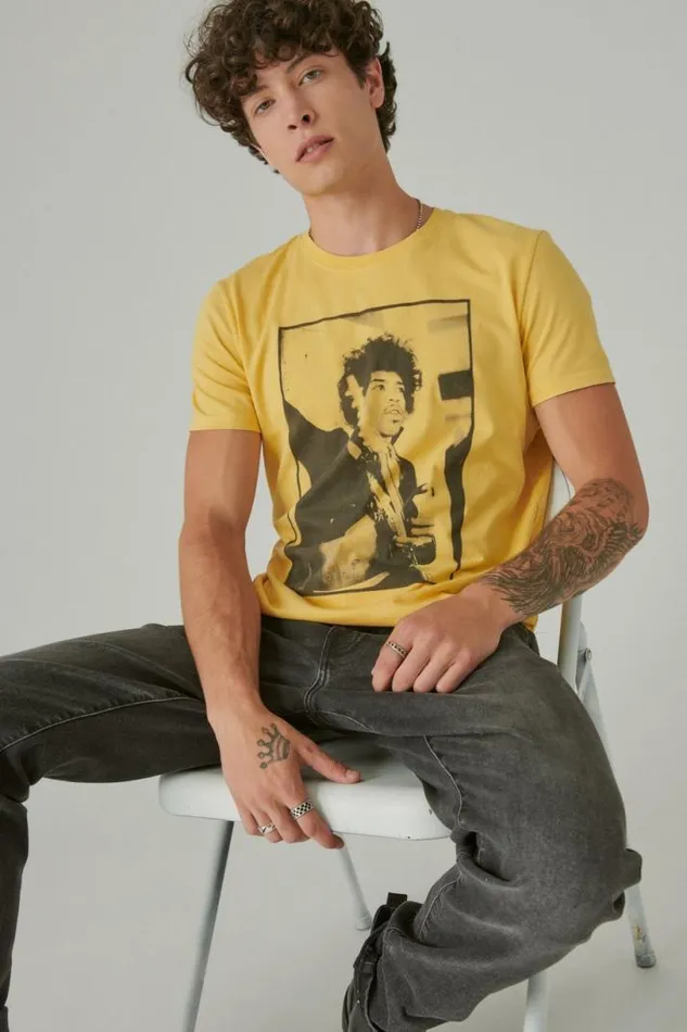 Men Lucky Brand Graphic Tees Jimi Hendrix Photo Misted Yellow