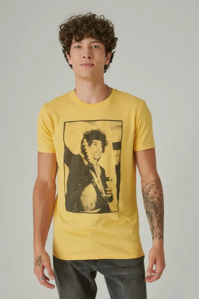 Men Lucky Brand Graphic Tees Jimi Hendrix Photo Misted Yellow